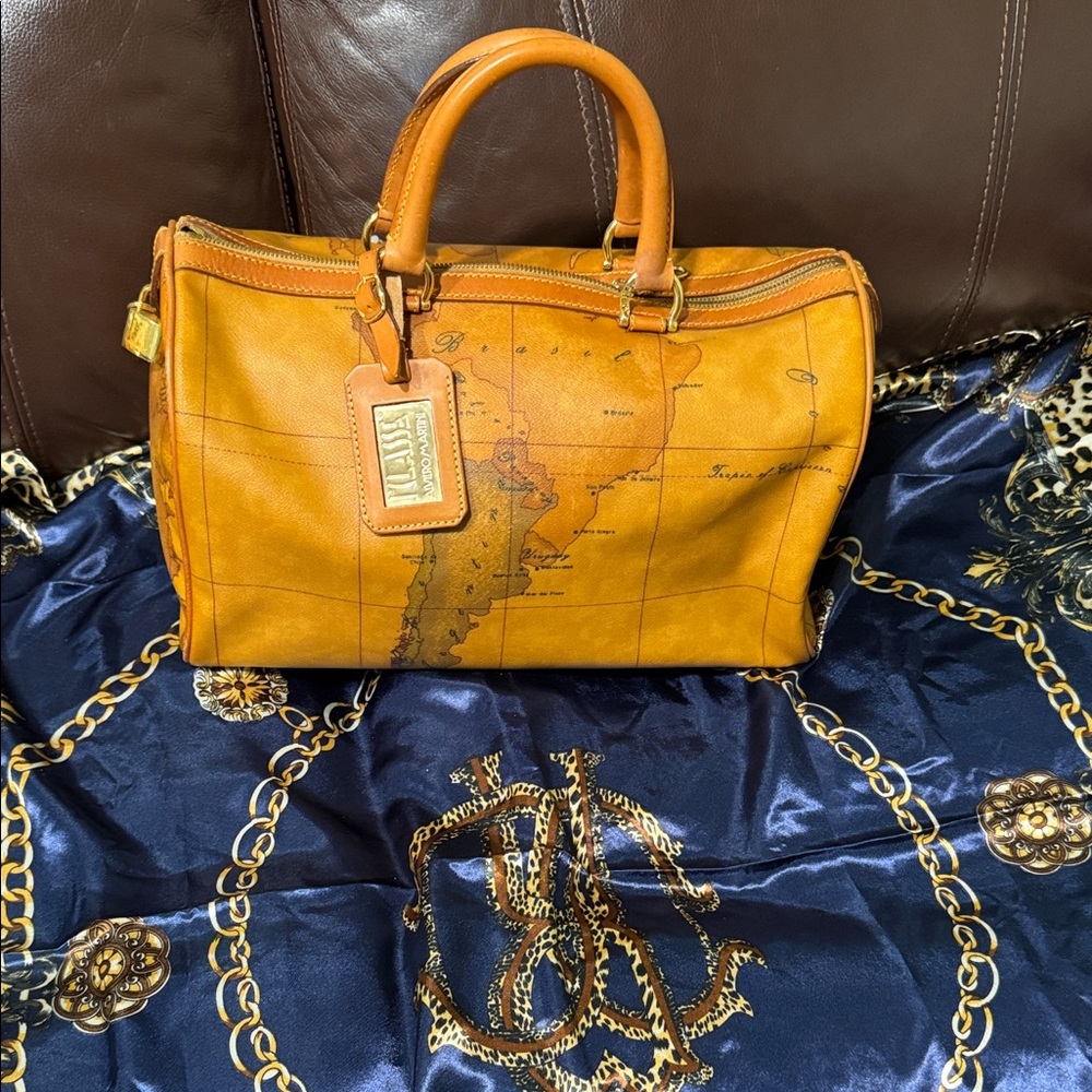 Vintage Alviero Martini Map Print Leather Handbag